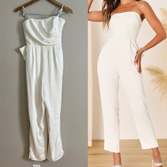 NWOT Beloved Bliss Ivory Strapless Slim Leg Bow Jumpsuit - Picture 1 of 7